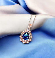 Lily Flower Blue Sapphire Necklace 18K Rose gold @ Sterling Silver 3 CT Blue Sapphire Pendant September Birthstone Layered Double Halo #790