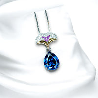 Blue Sapphire Necklace Gemstone Ginkgo biloba Leaf Pendant Large 4 CT Teardrop Lab Created Blue Sapphire Pendant 18KGP Sterling Silver #818