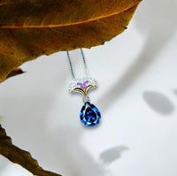 Blue Sapphire Necklace Gemstone Ginkgo biloba Leaf Pendant Large 4 CT Teardrop Lab Created Blue Sapphire Pendant 18KGP Sterling Silver #818