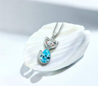 Aquamarine Necklace -Sterling Silver Fox Pendant - 2.5 CT Pendant Teardrop Pear Cut - Sky Blue - Aquamarine Jewelry - 18KGP #442