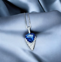 Large Trillion Cut Blue Sapphire Necklace - 18KGP Sterling Silver - Protective Queen's Guard Sword - Sapphire Pendant #768