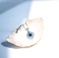 Square Blue Sapphire Necklace - White Gold plated Sterling Silver - 1 CT Blue Sapphire Pendant - Dainty Double Halo Tiny Crown Flower #392