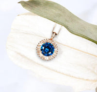 Blue Sapphire Necklace - Rose Gold - Gemstone Halo Sun 4 CT Royal Blue Sapphire Pendant - Sterling Silver September Birthstone #524