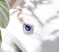 Rose Gold Blue Sapphire Necklace 2.75 CT Teardrop Royal Blue Gemstone Pendant Sterling Silver Pear Gemstone Halo Gold Petal Jewelry #743