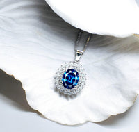 Large Blue Sapphire Necklace - 2.8 CT Double Halo Gemstone Blue Sapphire Pendant - September Birthstone - Jewelry #646