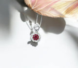 Ruby Necklace, Rose flower style - Birthstone Jewelry - 2 CT Round Cut Red Ruby Pendant - 18kgp @ Sterling Silver - July Birthstone #875B