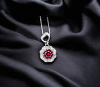 Ruby Necklace, Rose flower style - Birthstone Jewelry - 2 CT Round Cut Red Ruby Pendant - 18kgp @ Sterling Silver - July Birthstone #875