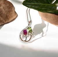 Dainty Ruby Peridot Necklace, Rose gold coated Sterling Silver Green Peridot Necklace, Delicate Gemstone Flower Red Ruby Peridot Pendant