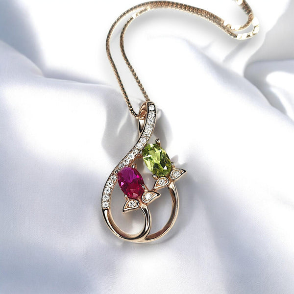 Dainty Ruby Peridot Necklace, Rose gold coated Sterling Silver Green Peridot Necklace, Delicate Gemstone Flower Red Ruby Peridot Pendant