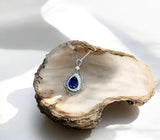 Large Tanzanite Necklace - Gemstone Leaf Lab Created Tanzanite Pendant - 18KGP - Sterling Silver - Teardrop Style Pear Cut 2.75CT #714