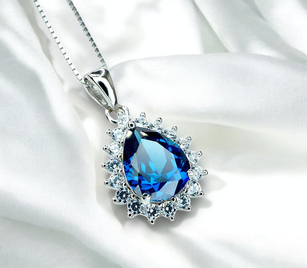 Teardrop Blue Sapphire Necklace Gemstone Halo 2.1 CT Sapphire Pendant Sterling Silver Pear Blue Gemstone Jewelry #394