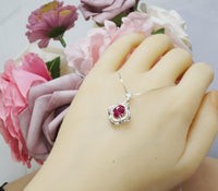 1.5 ct Ruby Necklace Sterling Silver Flower Of Life pendant White Gold coated small July Birthstone #1002