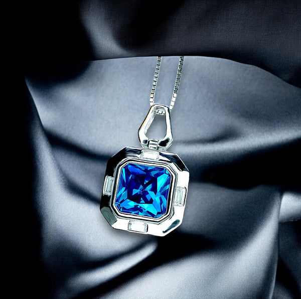 Square Blue Sapphire Necklace - Blue Sapphire Pendant - 18KGP @ Sterling Silver - September Birthstone #929