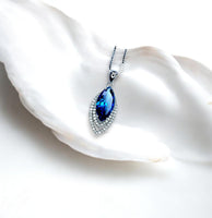 Blue Sapphire Necklace Marquise Cut White Gold Coated Full Sterling Silver Large 3 CT Blue Sapphire Pendant Gemstone Leaf Navette Style #676