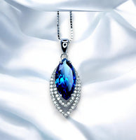 Blue Sapphire Necklace Marquise Cut White Gold Coated Full Sterling Silver Large 3 CT Blue Sapphire Pendant Gemstone Leaf Navette Style #676