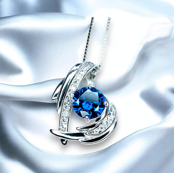 Protective Angel Wing Blue Sapphire Necklace - Sterling Silver White Gold Coated - 2CT Round Cut Blue Sapphire Angel Wing Jewelry #883