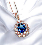 Lily Flower Blue Sapphire Necklace 18K Rose gold @ Sterling Silver 3 CT Blue Sapphire Pendant September Birthstone Layered Double Halo #790