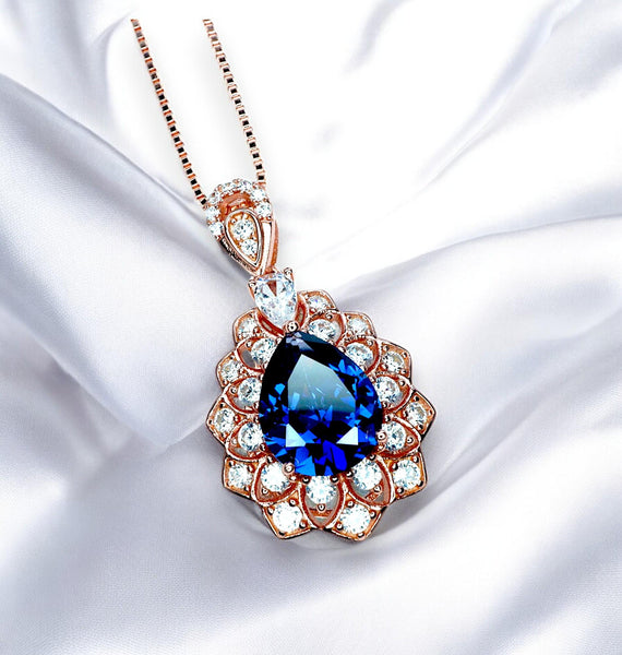 Lily Flower Blue Sapphire Necklace 18KRGP & Sterling Silver 3 CT Blue Sapphire Pendant September Birthstone Layered Double Halo #790