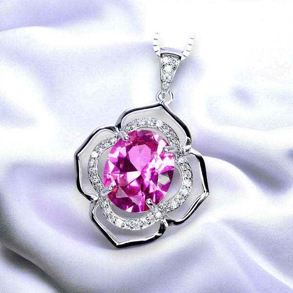 Large Pink Tourmaline Necklace- Sterling Silver Gemstone Flower OF Life Pendant - Oval 4 ct Wedding Bridal Pendant #630