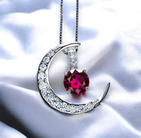 Crescent Moon Ruby Necklace full 925 Sterling Silver Two Pendant One Necklace July Birthstone #226