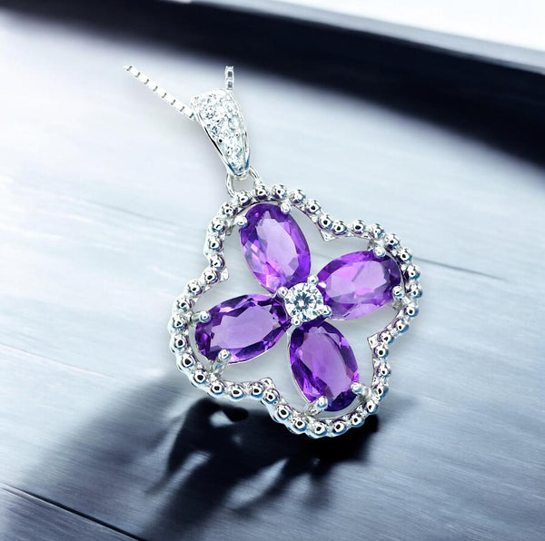 amethyst necklace,four leaf clove jewelry, February birthstone