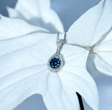 Round Blue Sapphire Gemstone Teardrop Necklace - Sterling Silver White Gold coated Sapphire Pendant #386