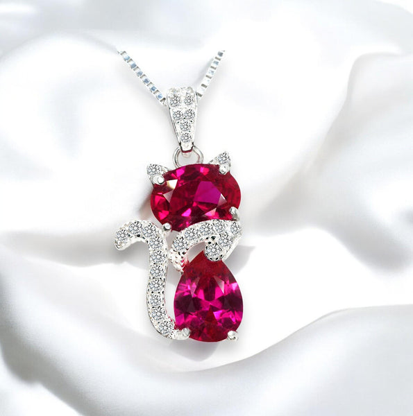 Ruby Necklace Sterling Silver Cat 1.5 Ct Kitty Sim Gemstone Red Pendant 18kgp July Birthstone Pet Lover Jewelry #211