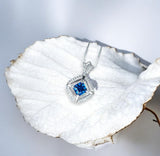 Square Blue Sapphire Necklace - White Gold plated Sterling Silver - 1 CT Blue Sapphire Pendant - Dainty Double Halo Tiny Crown Flower #392