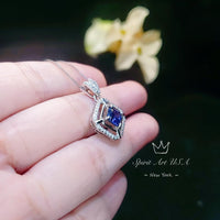 Square Blue Sapphire Necklace - White Gold plated Sterling Silver - 1 CT Blue Sapphire Pendant - Dainty Double Halo Tiny Crown Flower #392