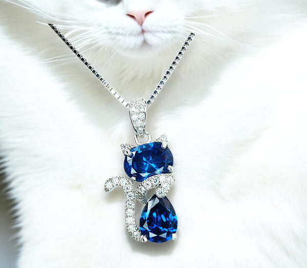 blue sapphire cat necklace