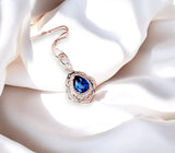 Rose Gold Blue Sapphire Necklace 2.75 CT Teardrop Royal Blue Gemstone Pendant Sterling Silver Pear Gemstone Halo Gold Petal Jewelry #743