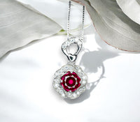 Ruby Necklace, Rose flower style - Birthstone Jewelry - 2 CT Round Cut Red Ruby Pendant - 18kgp @ Sterling Silver - July Birthstone #875