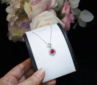 Ruby Necklace, Rose flower style - Birthstone Jewelry - 2 CT Round Cut Red Ruby Pendant - 18kgp @ Sterling Silver - July Birthstone #875