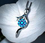 Round Blue Topaz Necklace - Sterling Silver Swirl Bow Infinity 2 CT Blue Topaz Pendant - White Gold coated November Birthstone #470