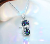 Cat Rainbow Mystic Topaz Necklace - Gemstone Cat Kitty Pendant - White Gold Coated Sterling Silver Pets Lover Jewelry #214