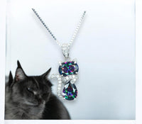 Cat Rainbow Mystic Topaz Necklace - Gemstone Cat Kitty Pendant - White Gold Coated Sterling Silver Pets Lover Jewelry #214