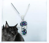 Cat Rainbow Mystic Topaz Necklace - Gemstone Cat Kitty Pendant - White Gold Coated Sterling Silver Pets Lover Jewelry #214