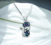 Cat Rainbow Mystic Topaz Necklace - Gemstone Cat Kitty Pendant - White Gold Coated Sterling Silver Pets Lover Jewelry #214