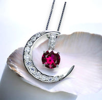 Crescent Moon Ruby Necklace full 925 Sterling Silver Two Pendant One Necklace July Birthstone #226