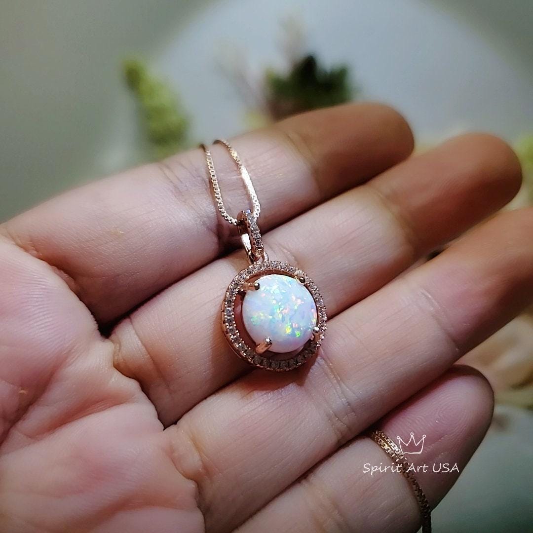 Opal Necklace - Rose Gold Coated Sterling Silver White Opal Pendant, Wedding Bridal Necklace #165