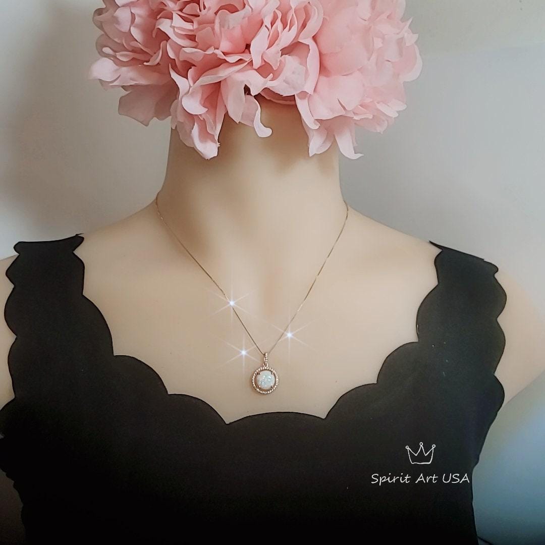 Opal Necklace - Rose Gold Coated Sterling Silver White Opal Pendant, Wedding Bridal Necklace #165