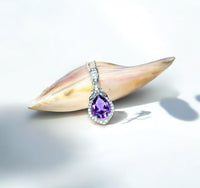 Natural Teardrop Amethyst Necklace - Sterling Silver Tiny Crown Chakra Healing - Purple Gemstone Jewelry February Birthstone #371