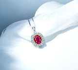 Ruby Flower Necklace - Sterling Silver 3 ct Oval Diamond Red Gemstone Pendant 14k White Gold Plated July Birthstone Gold Surround Style #710