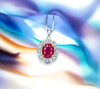 Ruby Flower Necklace - Sterling Silver 3 ct Oval Diamond Red Gemstone Pendant 14k White Gold Plated July Birthstone Gold Surround Style #710