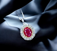 Ruby Flower Necklace - Sterling Silver 3 ct Oval Diamond Red Gemstone Pendant 14k White Gold Plated July Birthstone Gold Surround Style #710