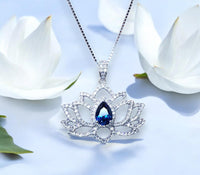 Blue Sapphire Necklace Lotus Flower Style Water lily Pendant 18KGP @ Sterling Silver Birthstone Jewelry #1017