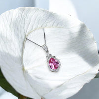 Teardrop Pink Tourmaline Necklace, Gemstone Halo Pink Gemstone Pendant, Sterling Silver White gold Solitaire Fuchsia Gemstone Jewelry #196