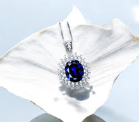 Large Tanzanite Necklace Double Layer Gemstone Halo 2.8 CT Tanzanite Pendant Sterling Silver White Gold Plated Blue Gemstone #730