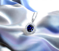 Large Tanzanite Necklace Double Layer Gemstone Halo 2.8 CT Tanzanite Pendant Sterling Silver White Gold Plated Blue Gemstone #730