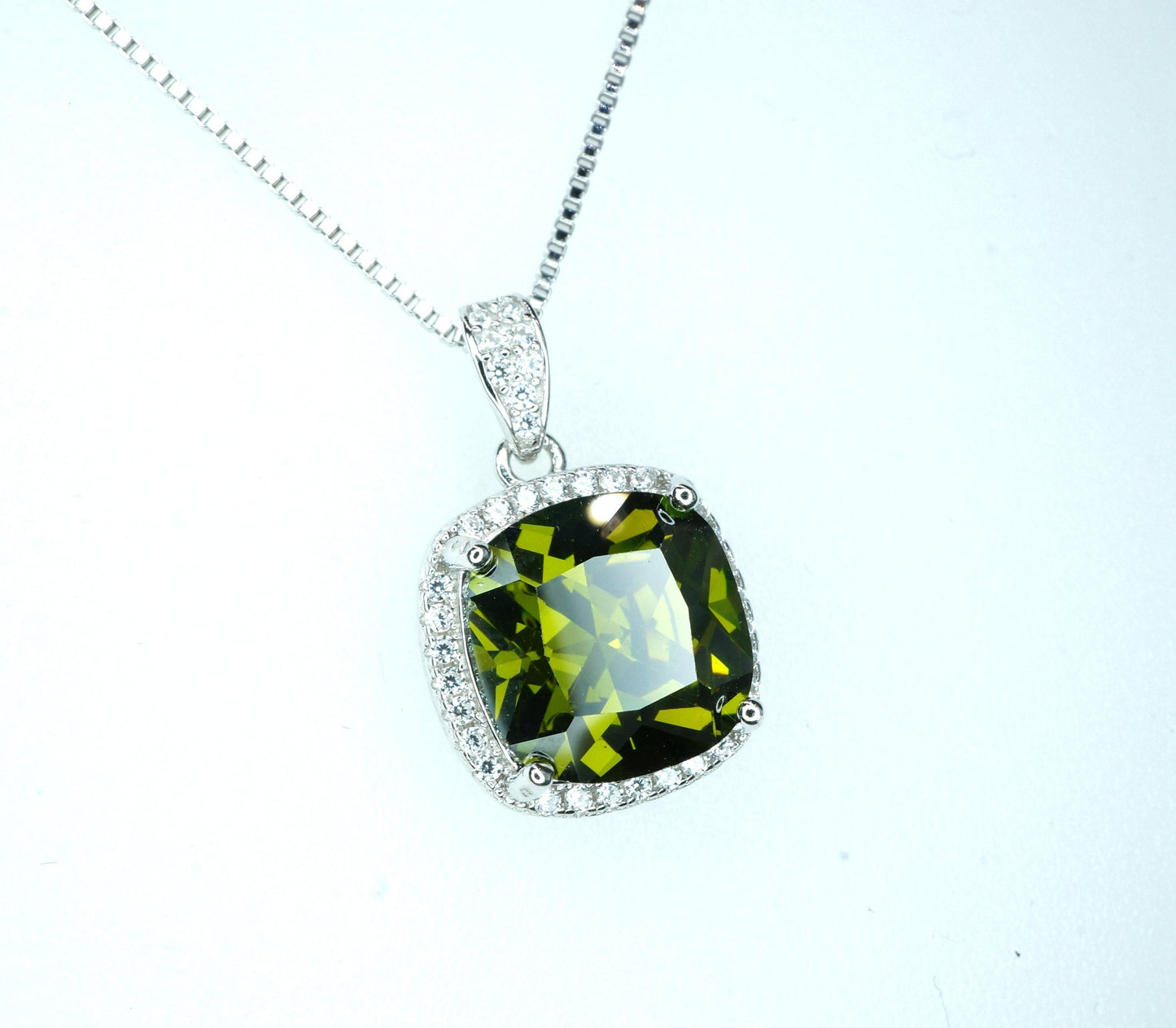 Large Square synthetic Peridot Necklace Gemstone Halo 5 CT Green Gemstone Pendant White Gold coated Sterling Silver #377